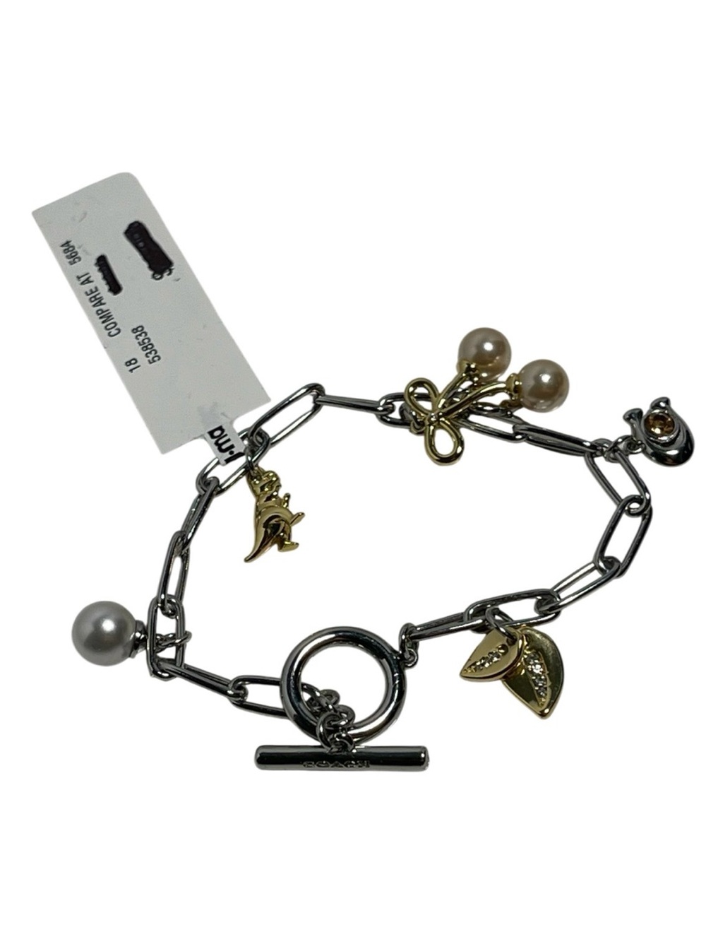 Coach Silver Kisslock Cherry Charm Bracelet w/ Dinosaur & Signature C - NWT**